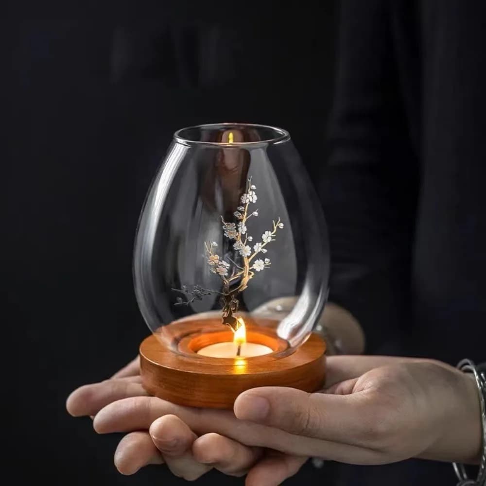 Bougeoirs en verre Transparent, bougeoir creux coupe-vent rond avec Base en bois, couvercle de tasse