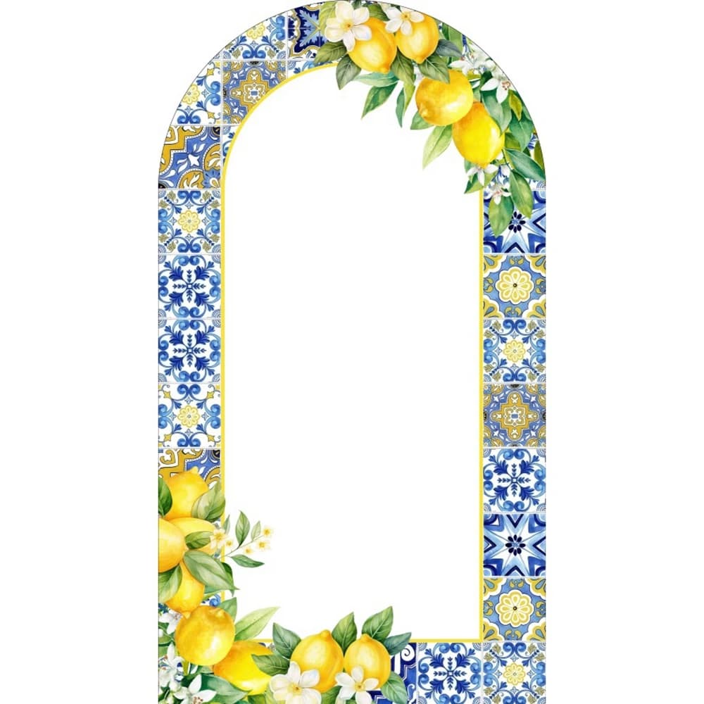 Couverture d'arc de carreaux de citrons méditerranéens, arrière-plan pour réception-cadeau pour bébé