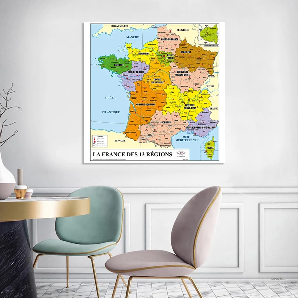 Affiche murale et imprimés de carte de la France en français, peinture sur toile Non tissée, décorat