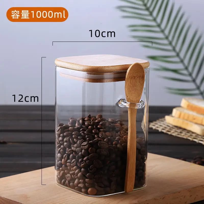 Pot de stockage scellé en verre carré de style japonais avec cuillère en bois, boîte d'assaisonnemen