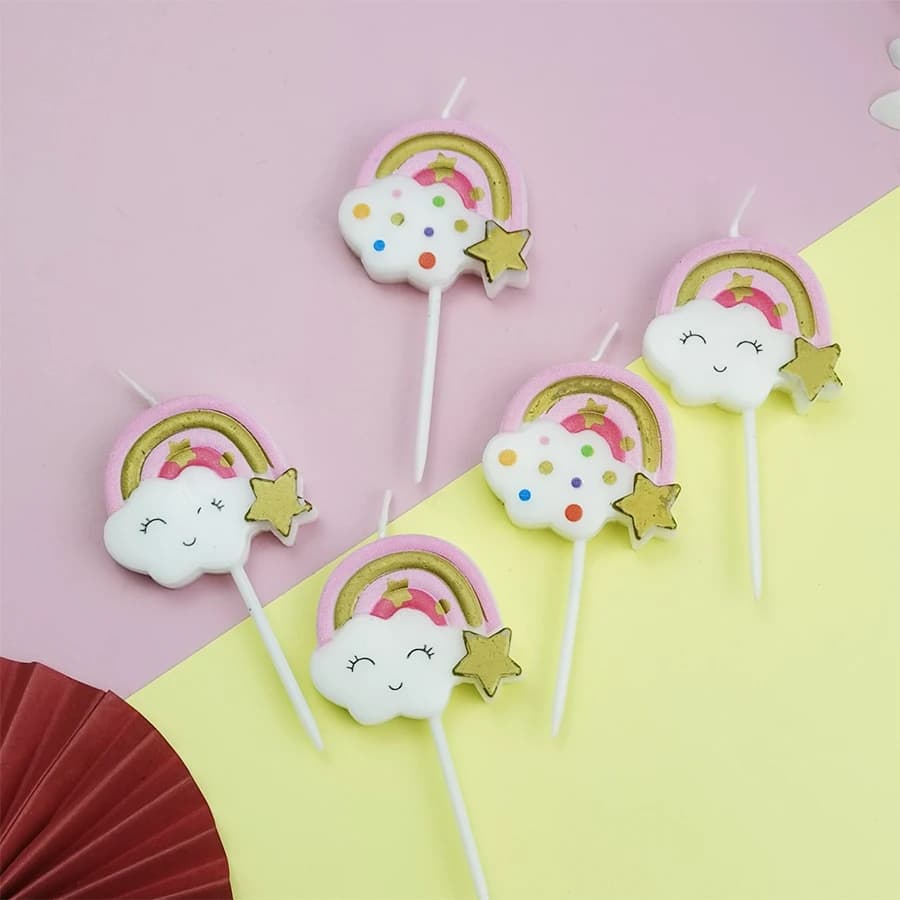 5 pièces rose arc-en-ciel visage souriant joyeux anniversaire gâteau bougie mignon princesse enfants