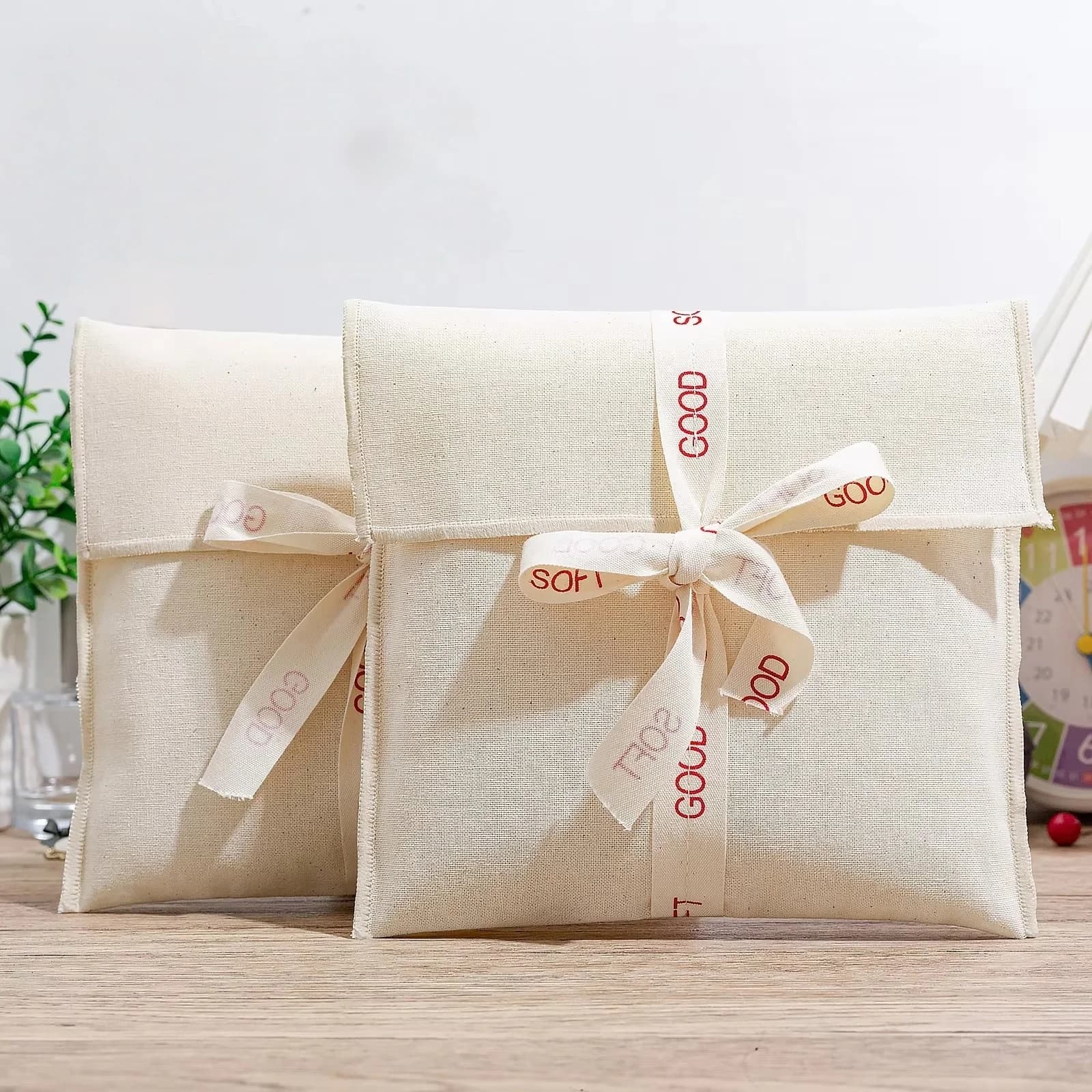 Sac d'emballage en coton écologique pour cosmétiques et bijoux avec ruban, logo personnalisé imprimé