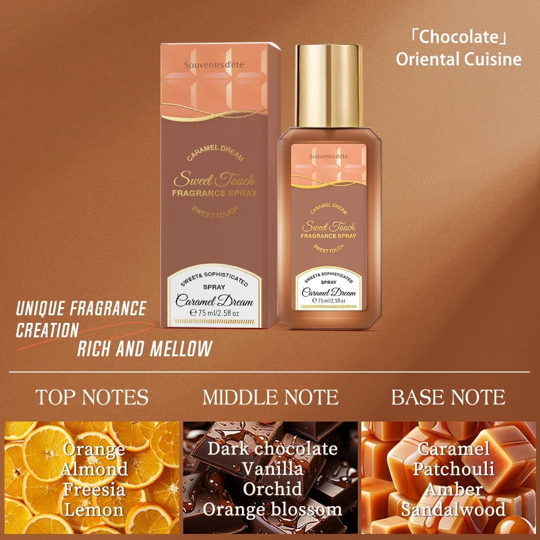 Spray parfumé Caramel Dream 75 ml, parfum longue durée, frais, floral, fruité, note gourmande, charm
