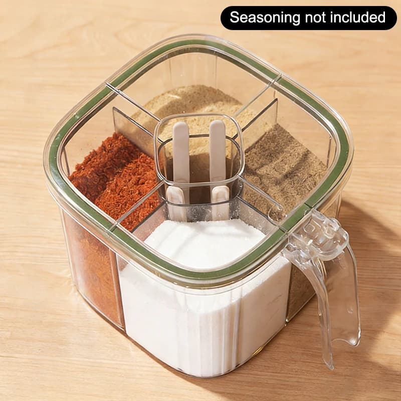 Boîte à épices 4 compartiments avec couvercle transparent – Pot à sel, poivre, poudre de chili, sucr