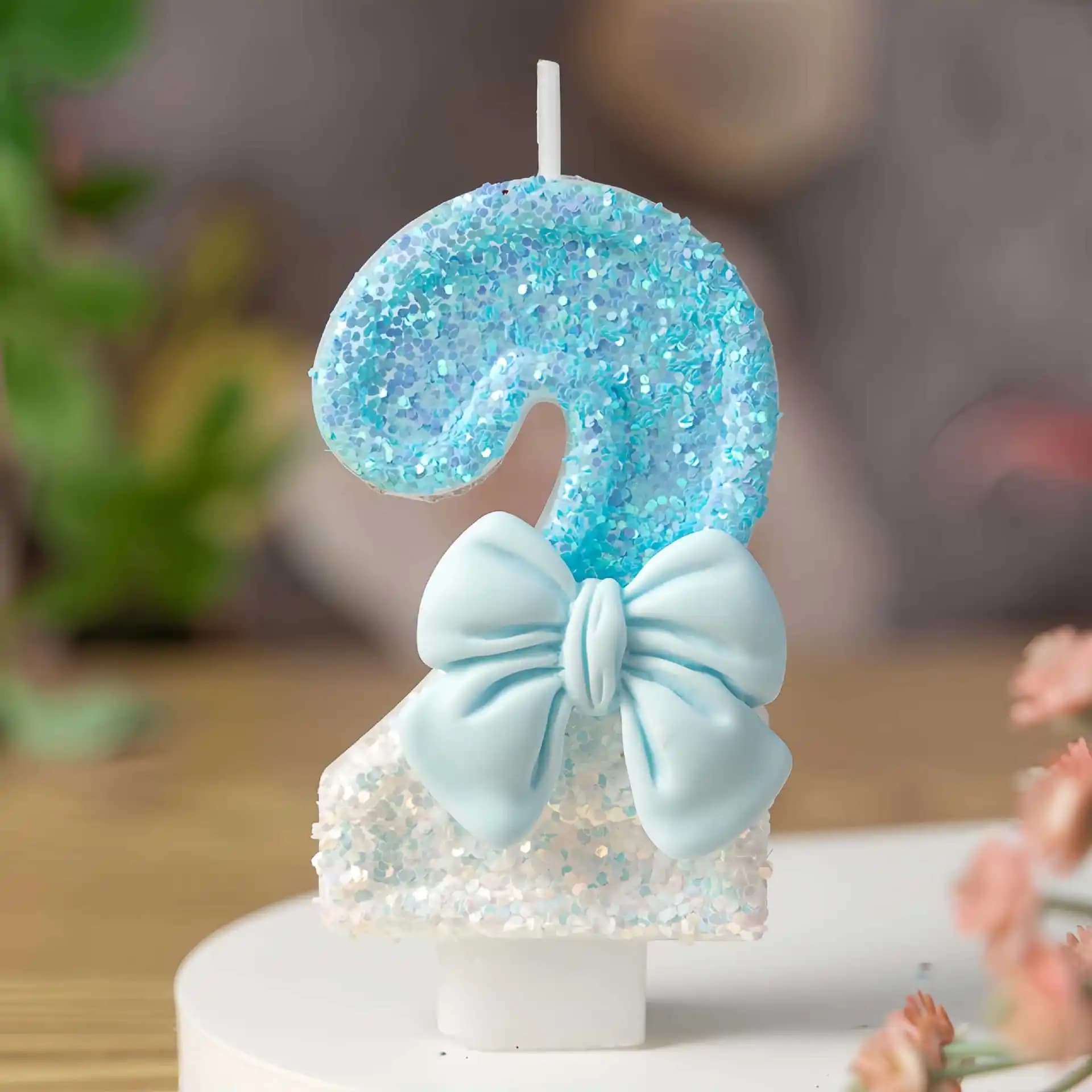Bougie d'anniversaire numérique bleue en forme de nœud - Décoration de gâteau pour fournitures de fê