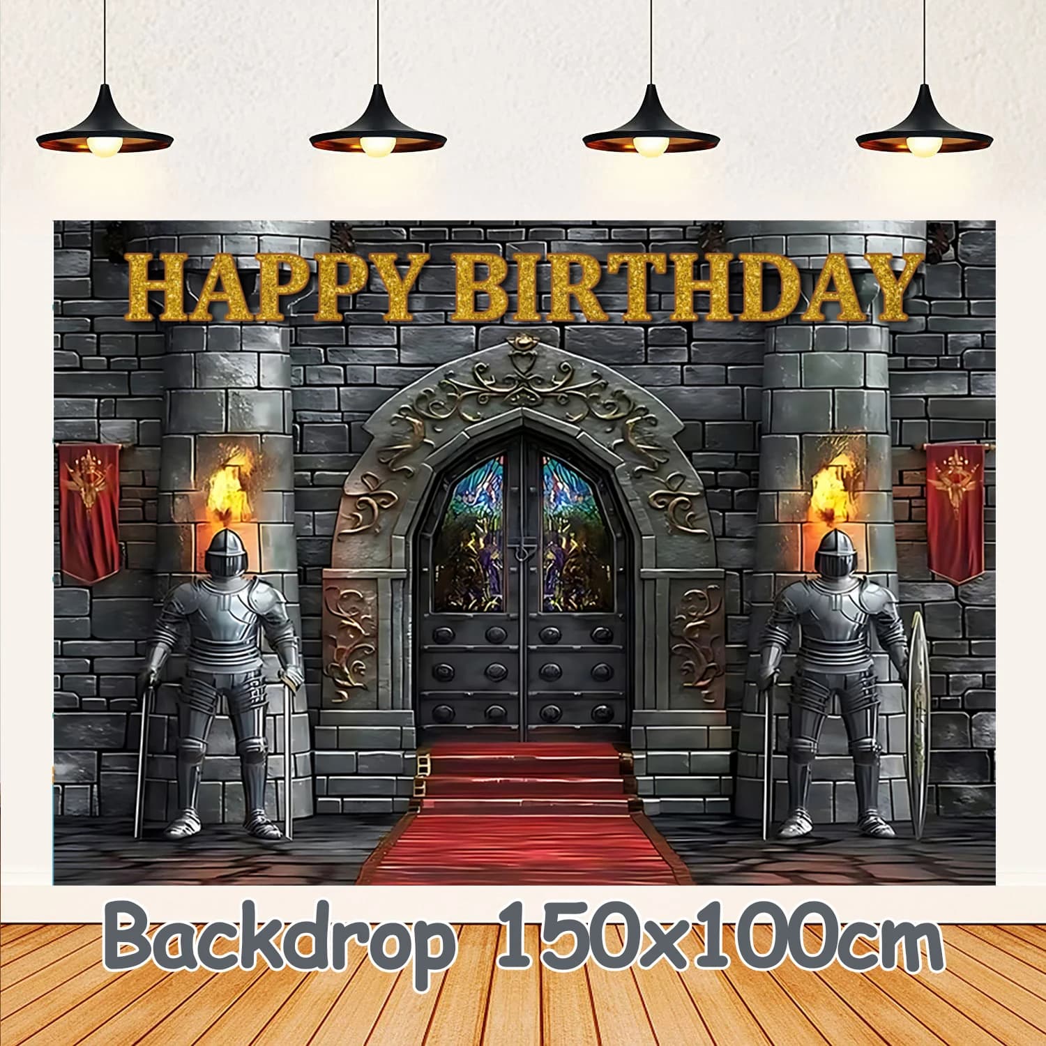Château médiéval chevalier blindé fête d'anniversaire ballon bannière fond gâteau Topper bébé douche
