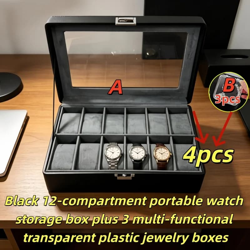 Boîte à montres en cuir de luxe à 12 emplacements avec serrure, ensemble de 4 présentoirs à montres 