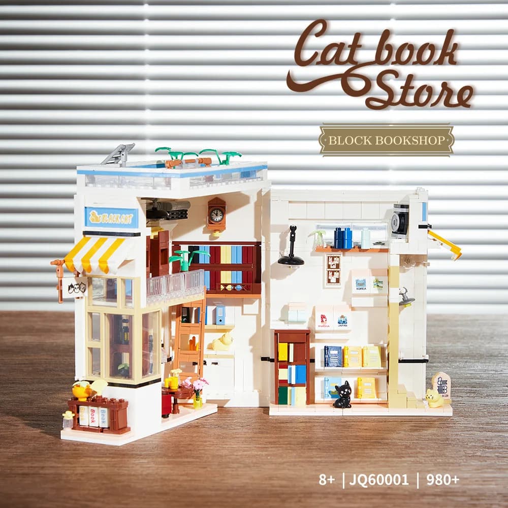 MOC – librairie chat, café, magasin de fleurs, blocs de construction extensibles, vue sur la rue, se