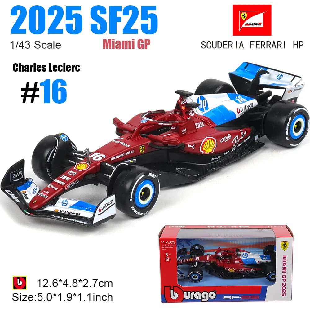 Bburago 1:43 F1 2025 Ferrari SF25 Grand Prix de Miami # 16 Charles Leclerc # Modèle de voiture en al