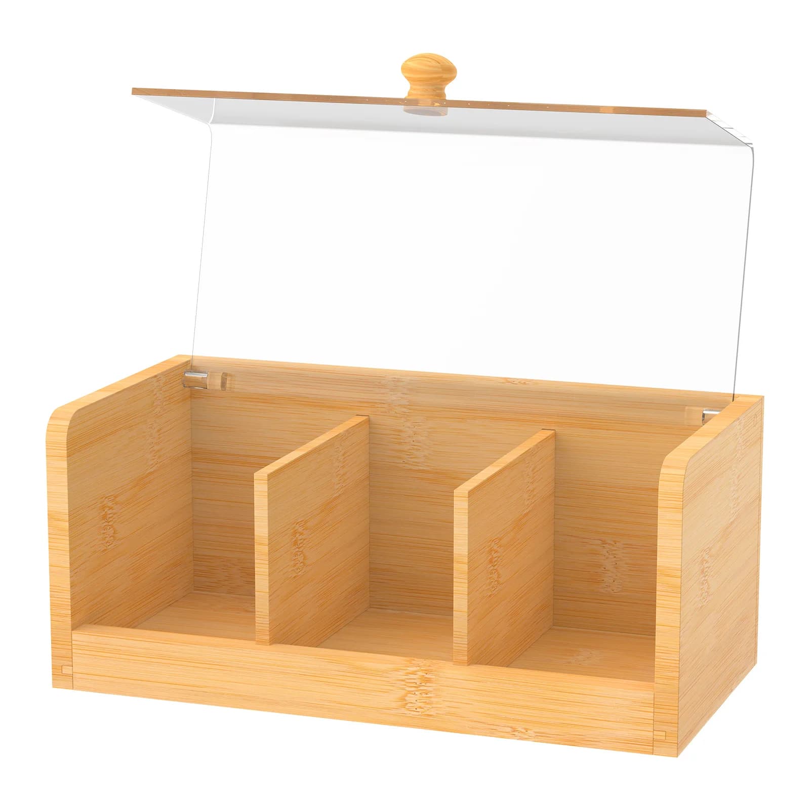 Boîte de rangement pour sachets de thé en bambou avec couvercle transparent, 3 compartiments, boîte 