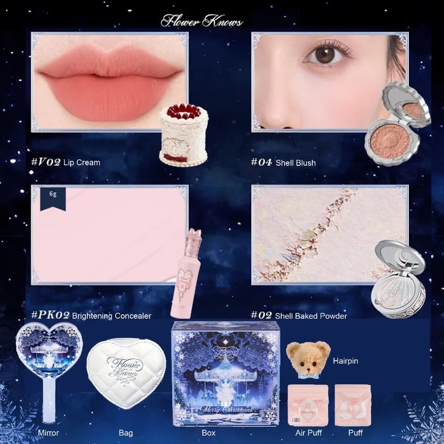 Flower Knows Snow Coffret cadeau Vernis à lèvres Poudre Fard Ensemble cosmétique Cadeau de vacances 