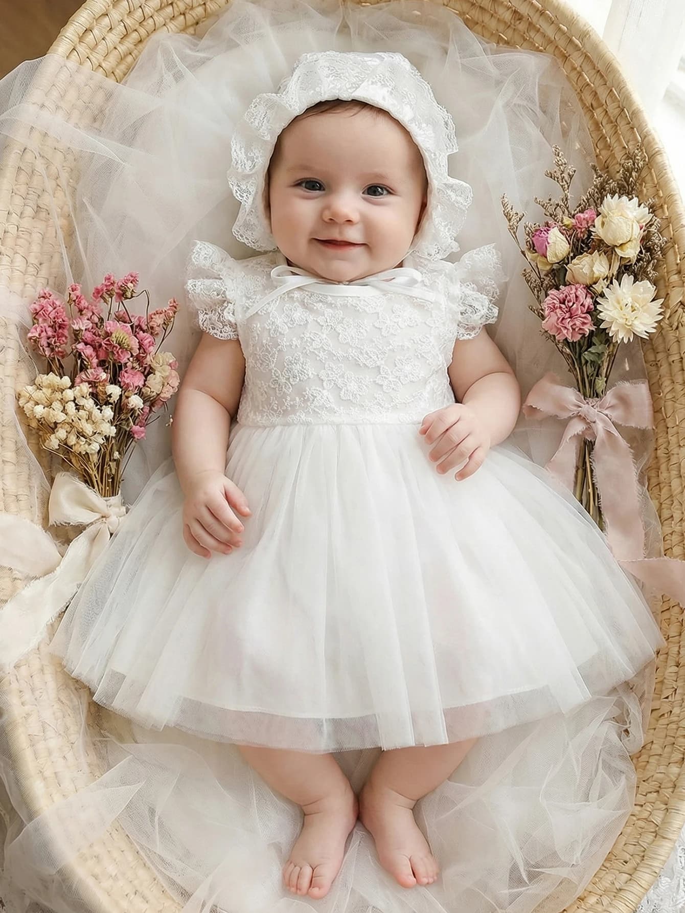 Robe blanche pour bébé fille, 0-2 ans, avec bordure en dentelle et broderie florale, tissu en tulle 