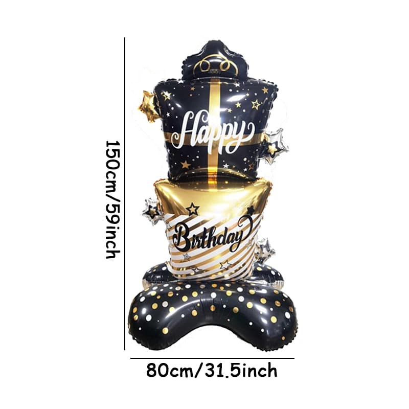 Grand support noir et or, 1 pièce, boîte cadeau joyeux anniversaire, ballons sur pied, décorations d