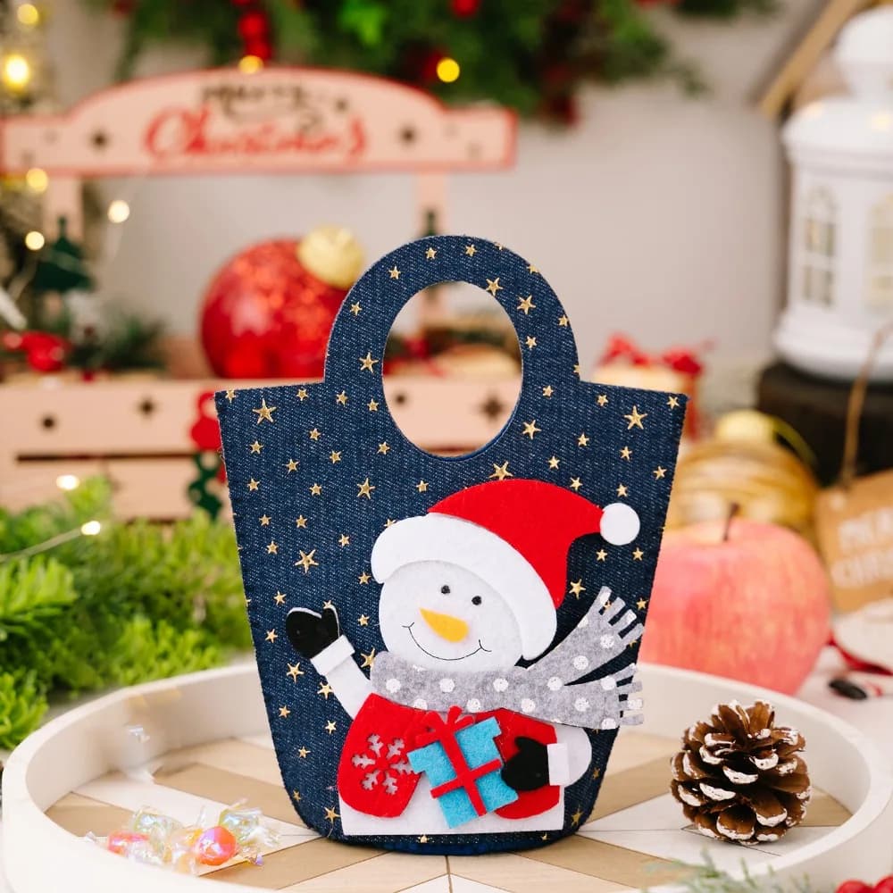 Sac cadeau de Noël mignon de grande capacité, sac à main en jean avec motif de bonhomme de neige/ela