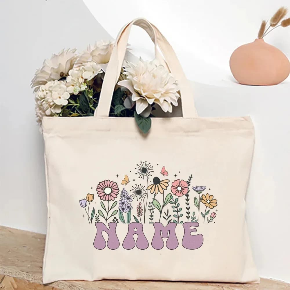 Sac fourre-tout personnalisé avec fleur et nom pour femme, sacs à bandoulière en toile, sac de shopp