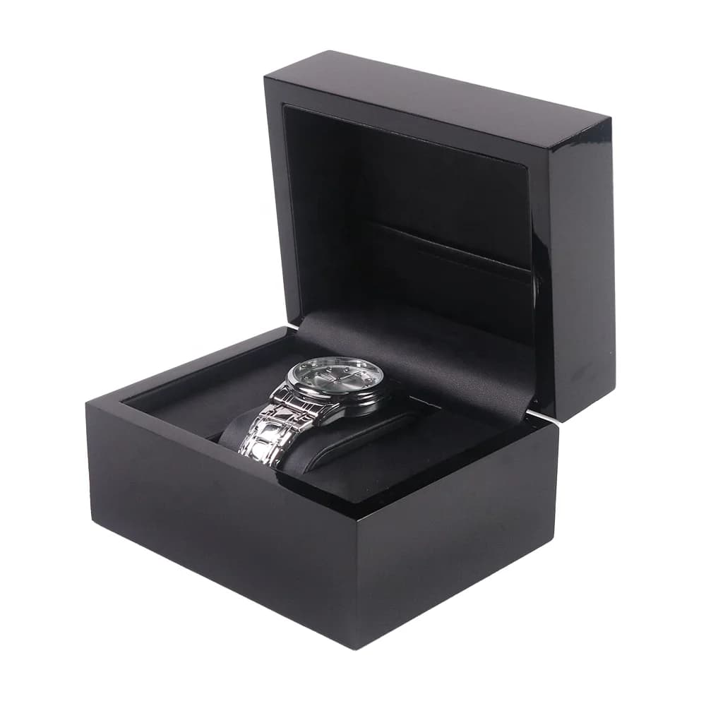 Boîte à montre de luxe en bois noir laqué avec coussin en cuir PU et étui cadeau pour le voyage