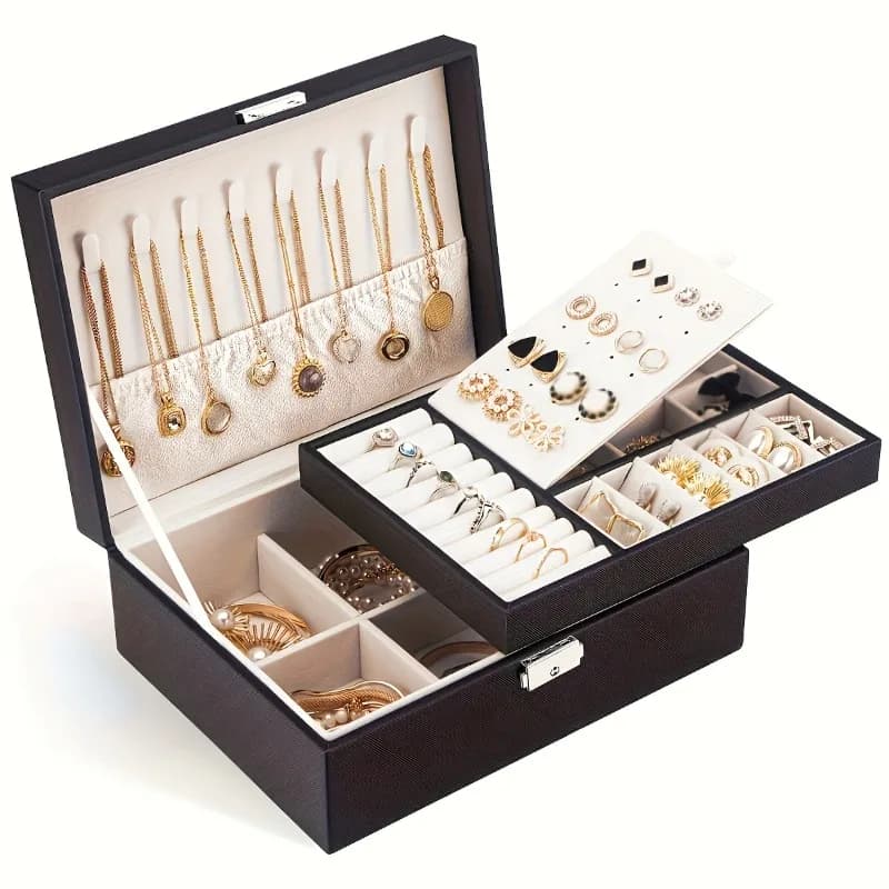 Boîte à bijoux vintage en cuir avec serrure, organisateur de rangement à 2 niveaux pour boucles d'or