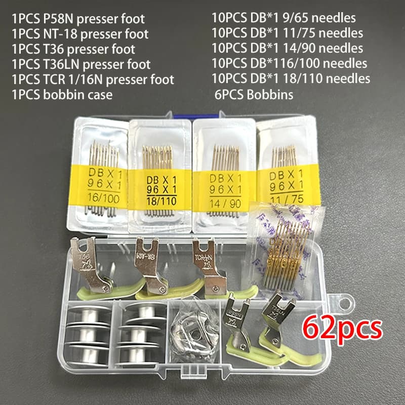 Ensemble d'accessoires pour Machine à coudre, 62 pièces, comprend 5 pieds de presse, 50 paquets d'ai