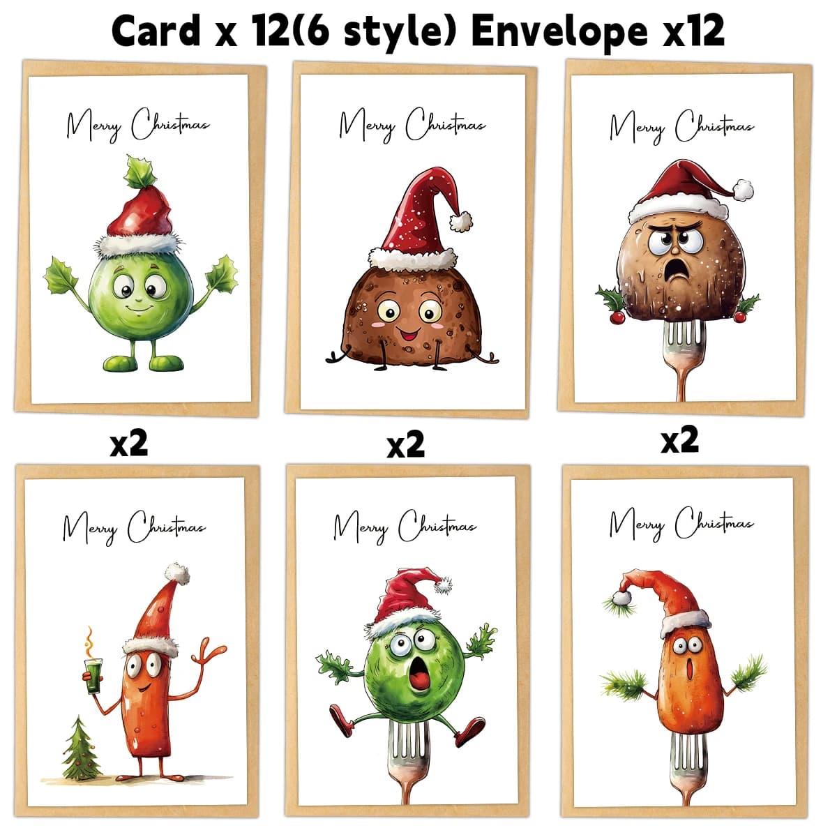 Cartes de vœux créatives sur le thème de la nourriture de noël, 12 pièces, avec enveloppe, souhait d