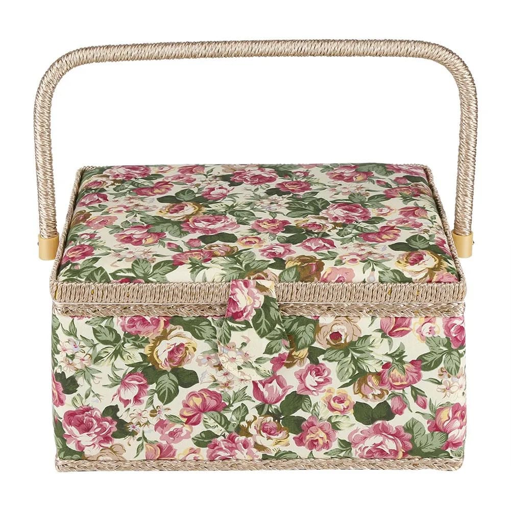 Boîte de rangement artisanale avec poignée, panier à coudre, tissu imprimé floral, ménage, divers ar