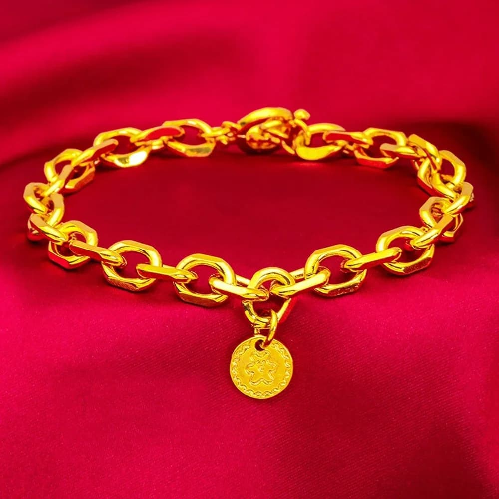 Bracelet de luxe à maillons O 18 KT pour femmes, couleur or pur, pendentif circulaire, mat, bijoux f