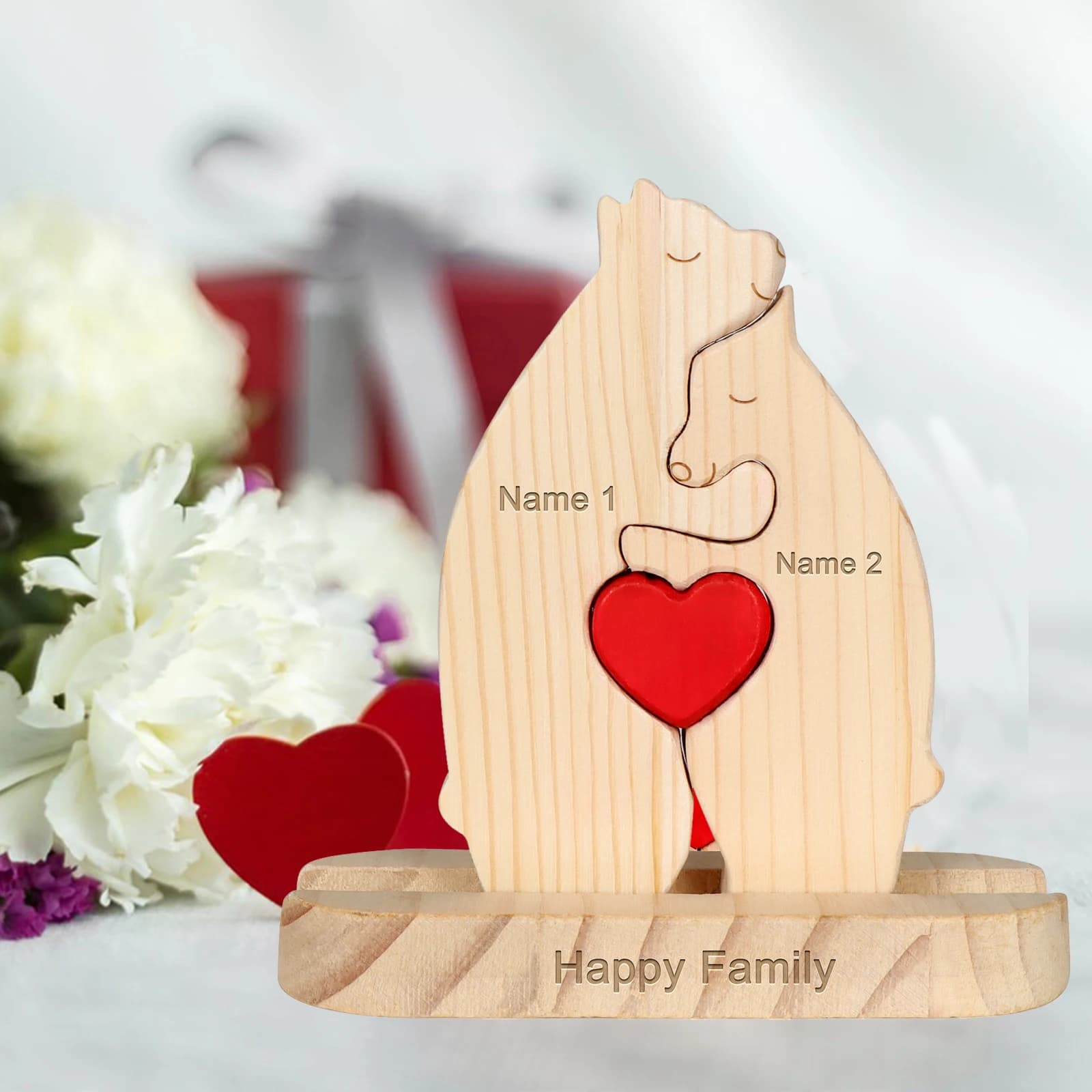 Puzzle d'Ours en Bois Personnalisé avec Nom, Cadeau de la Journée de Léon pour Couple, Anniversaire,