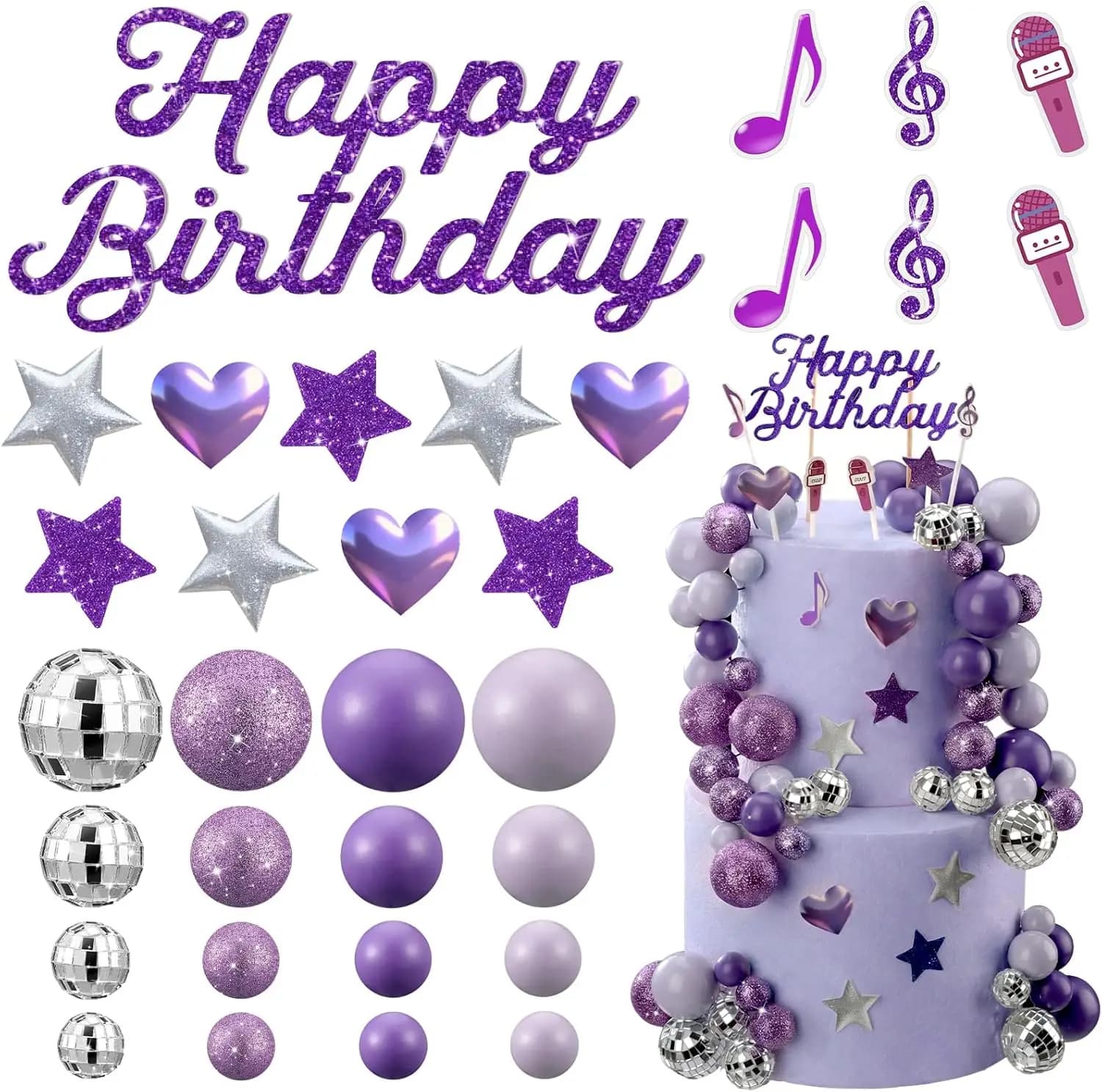 Décoration de gâteau d'anniversaire K-Pop scintillante : Boules disco violettes, notes musicales et 