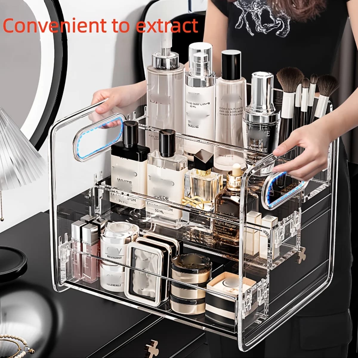 Organisateur de cosmétiques de bureau en acrylique transparent, panier de rangement incliné pour maq