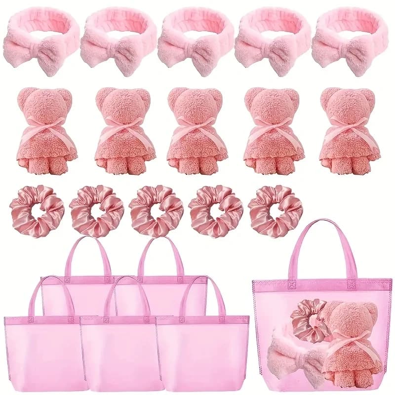 Coffret cadeau 20 Spa - 5 grands sacs en polyester, 5 bandeaux, 5 anneaux pour cheveux, 5 tissus en 