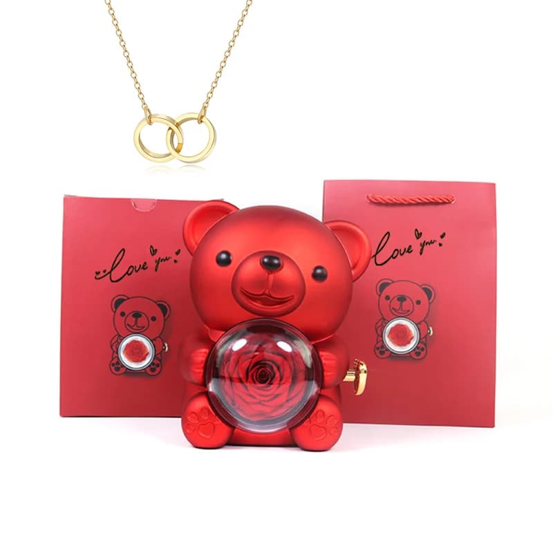 Idée cadeau pour la Saint-Valentin 2024 : boîte à bijoux en forme d'ours avec rose éternelle rotativ