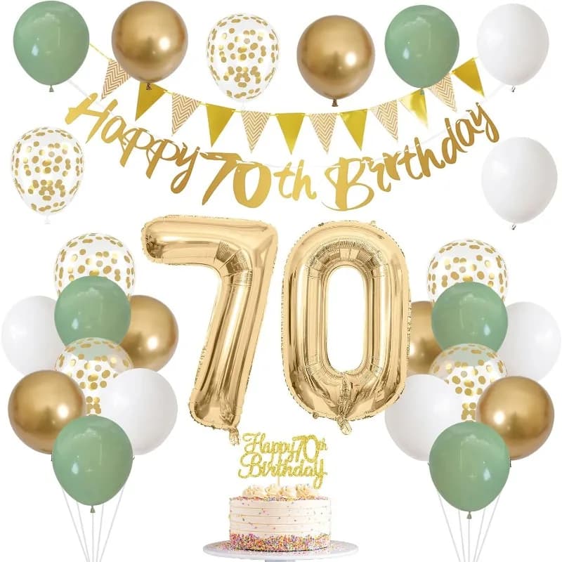 Décorations pour 70e anniversaire, vert sauge, or, blanc, ballons pour joyeux 70e anniversaire, déco