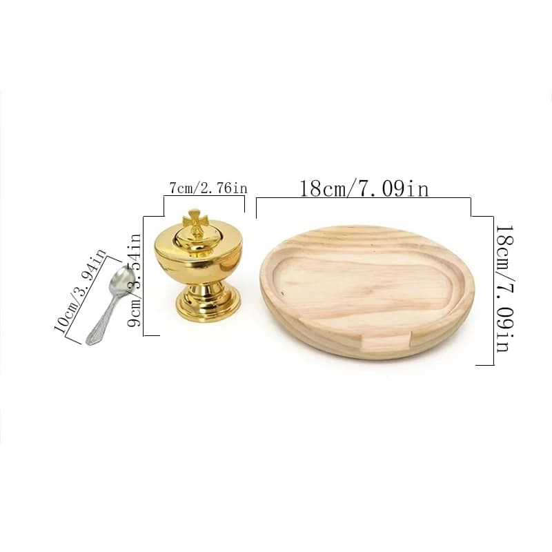 Cadeau religieux, ensemble d'autel orthodoxe, calice en métal doré avec cuillère, plateau en bois, d