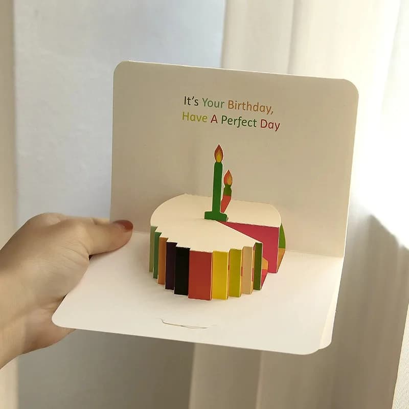 Carte d'anniversaire bleue de printemps, gâteau musical fait à la main, creux tridimensionnel 3D, ha