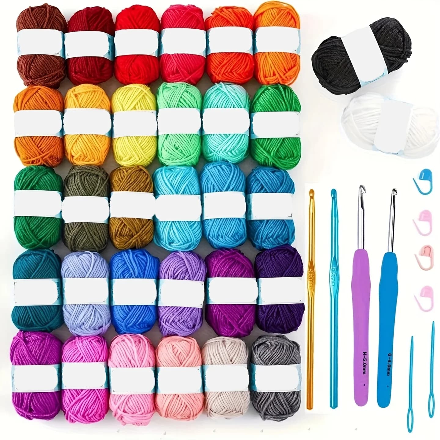 Kit de crochet 43 pièces avec 32 couleurs de fil acrylique, crochets ergonomiques et aiguilles à tri