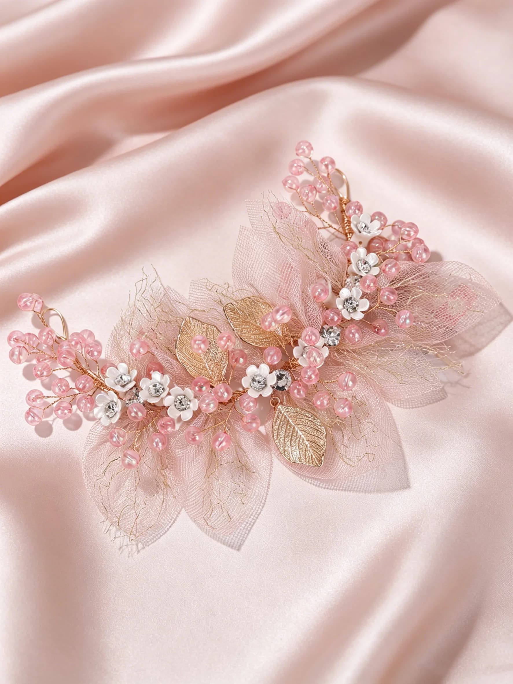 Serre-tête de mariée en perles, chaîne de cheveux, accessoire capillaire en tulle rose, serre-tête e