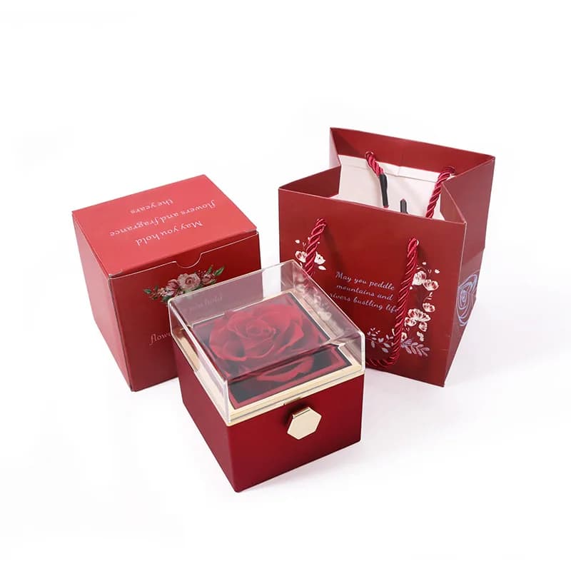 Coffret cadeau Rose rotatif, bague en acrylique, collier, fleur, boîte à bijoux pour petite amie mèr