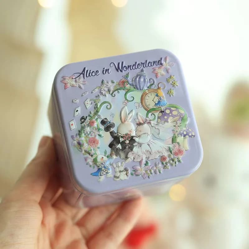 Boîte en fer blanc imprimée lapin de dessin animé, boîte de rangement carrée pour collations, organi