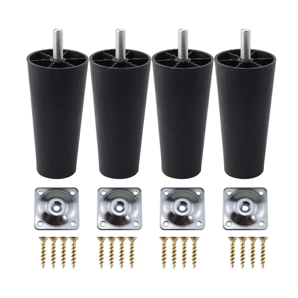 Pieds de Meuble Ronds Coniques en Plastique Noir, avec Plaques de Montage, Tige Filetée M8 x 25, pou