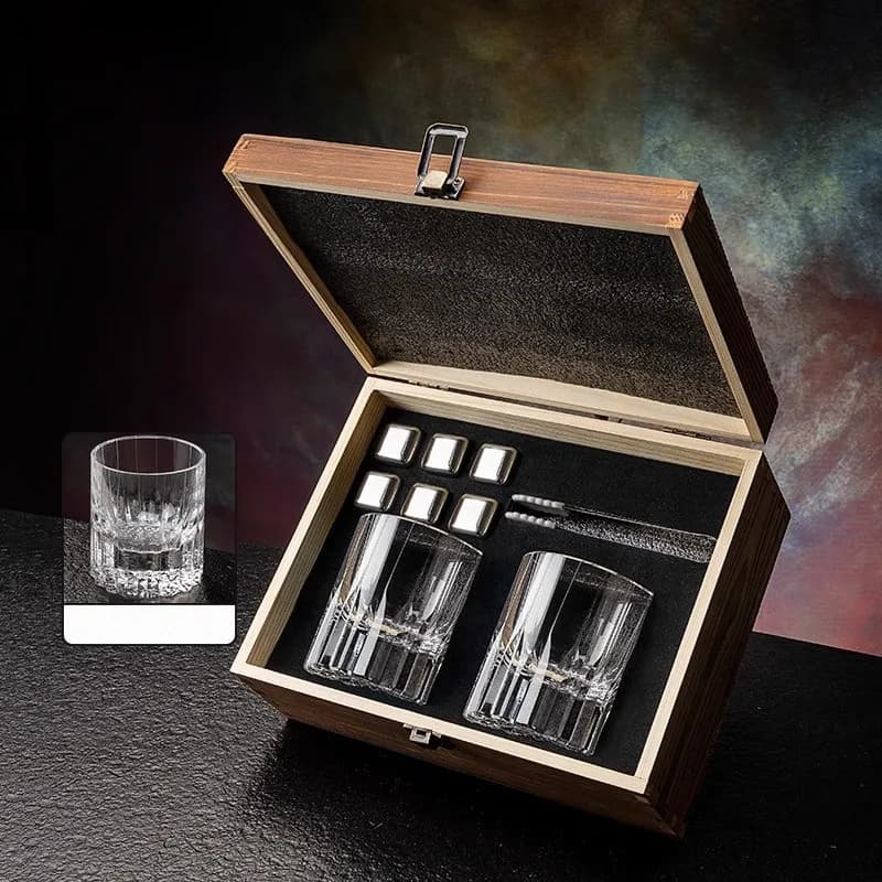 Verres à whisky créatifs avec pierre, acier inoxydable, charbon dans une boîte en bois, cadeau de lu