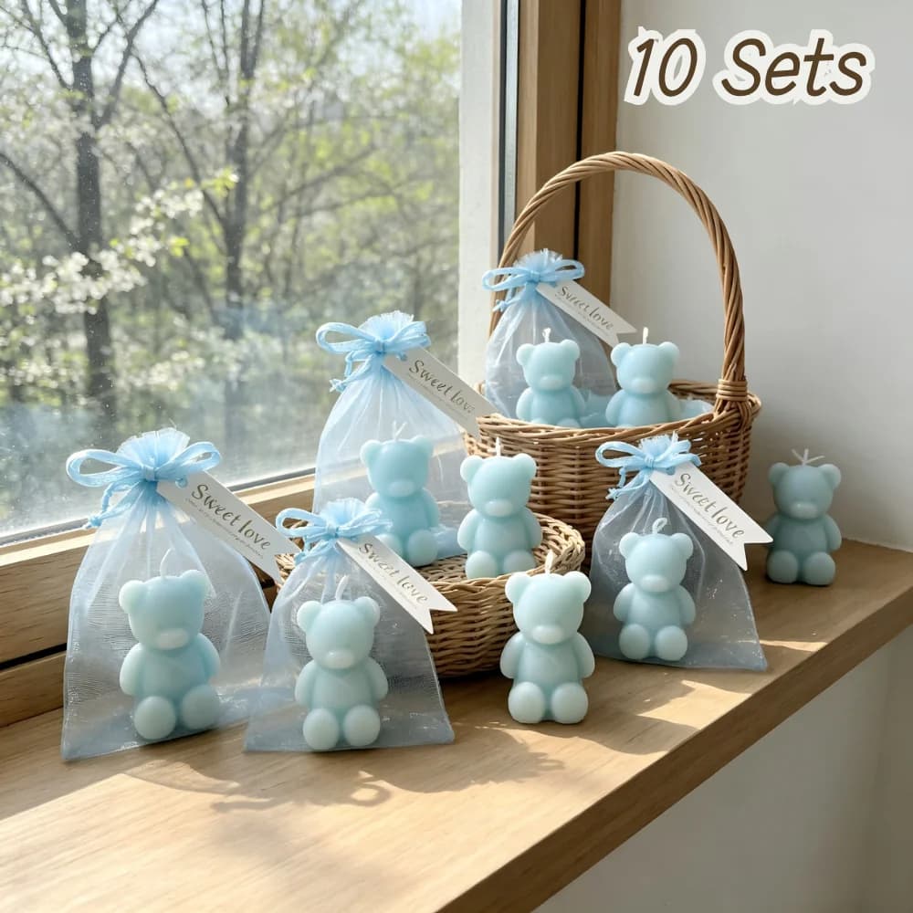 10 Kits de Bougies Souvenirs Ours Bleus Mignons, Cadeaux Tout-en-un pour Baptême, Fête Prénatale, Fi