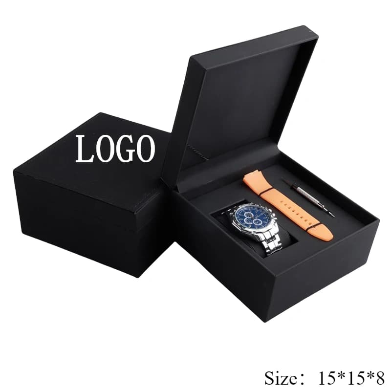 Boîtier de Montre Noir en Cuir PU avec Sangle et Fente d'Ajustement, Boîte d'Emballage de Bijoux, Pe
