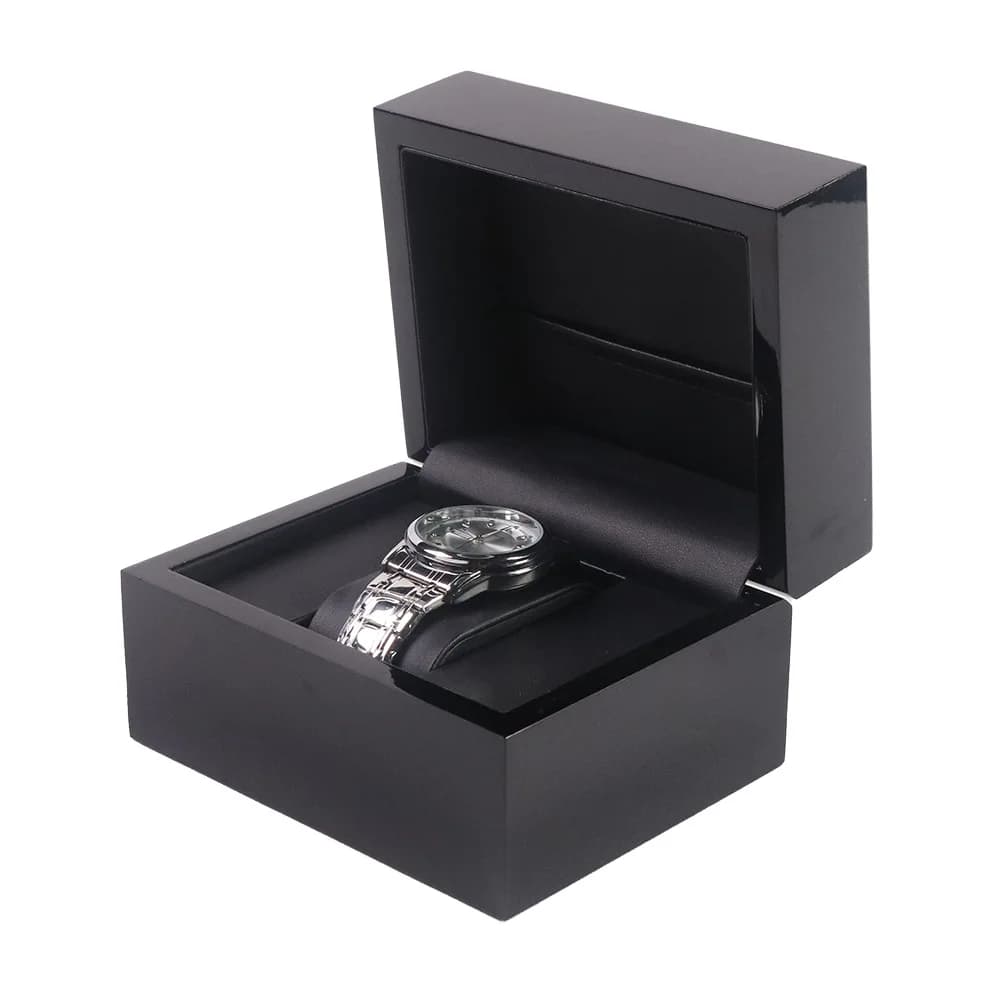 Boîte de montre unique en laque noire brillante, boîtier d'emballage de montre en bois, boîte de mon