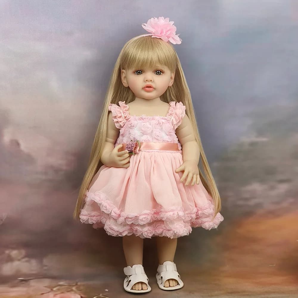 Poupée bébé Reborn, jambes droites, colle complète, 55cm, cheveux longs lavables, jouet pour fille