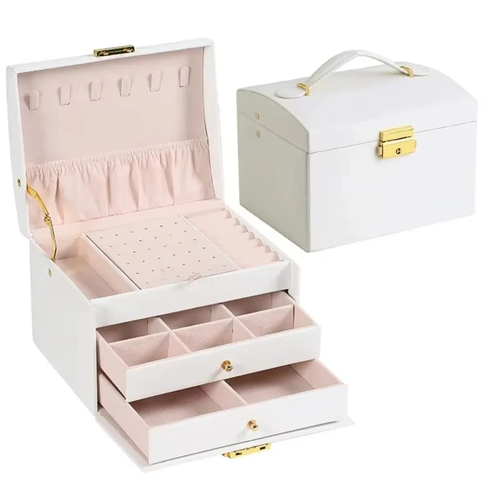 Boîte à bijoux pour femme à trois étages, grande capacité, en cuir, style tiroir avec serrure, organ