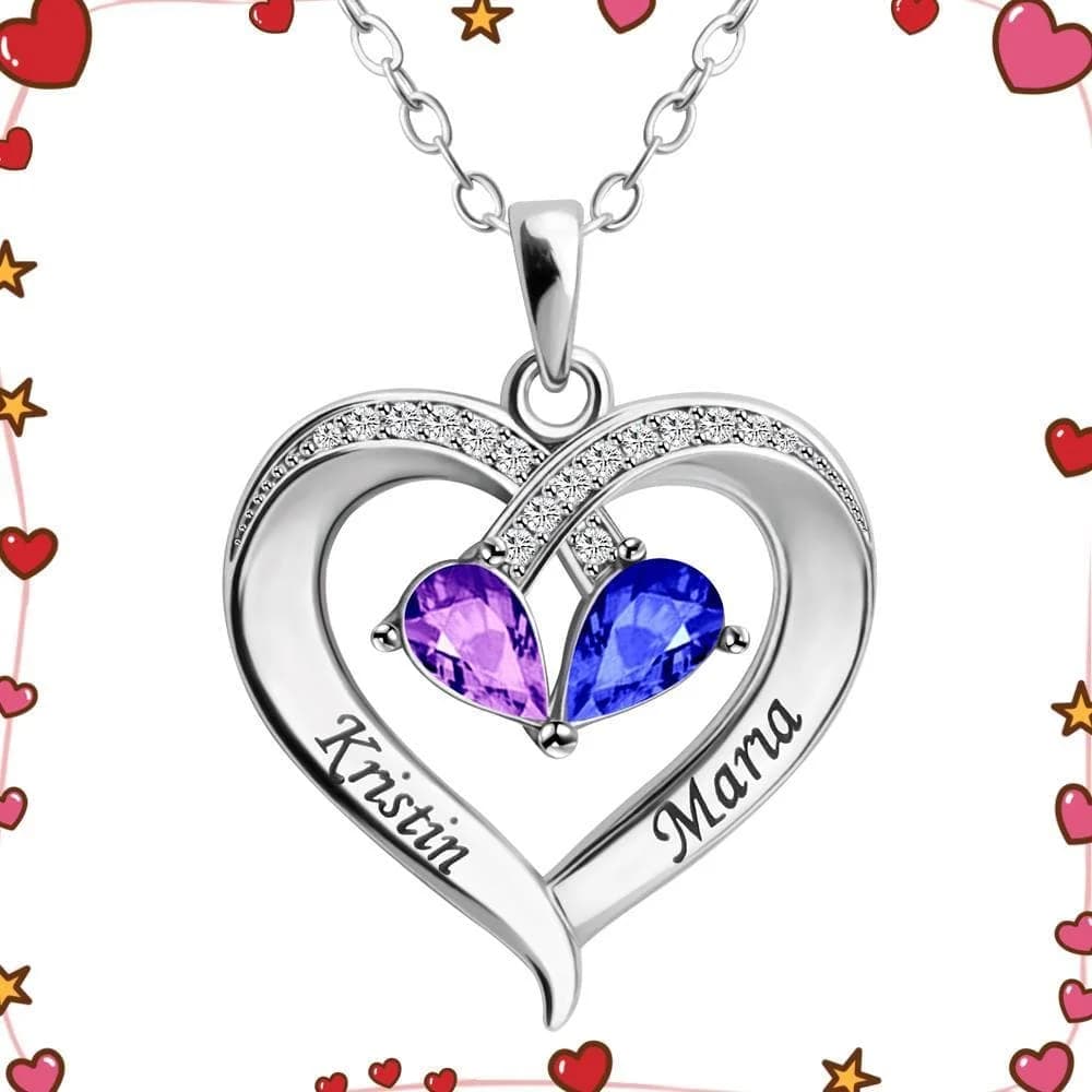 Collier personnalisé en forme de cœur avec pierre de naissance, pour amoureux, noms de Couple person