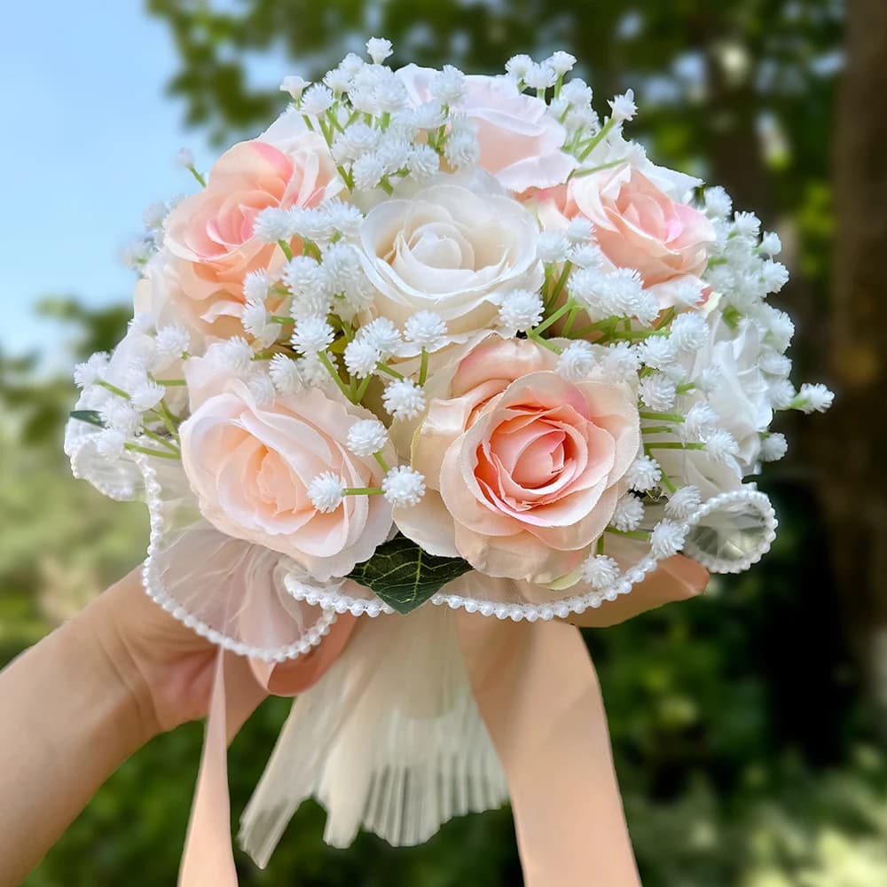 Bouquets de roses Babysbreath pour la mariée, bouquet de fleurs artificielles pour mariage en plein 