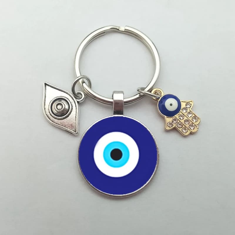 Porte-Clés Rond en Verre avec Photo Religieuse, Pendentif Mauvais Œil Bleu, Grands Cils, Bijoux Cade