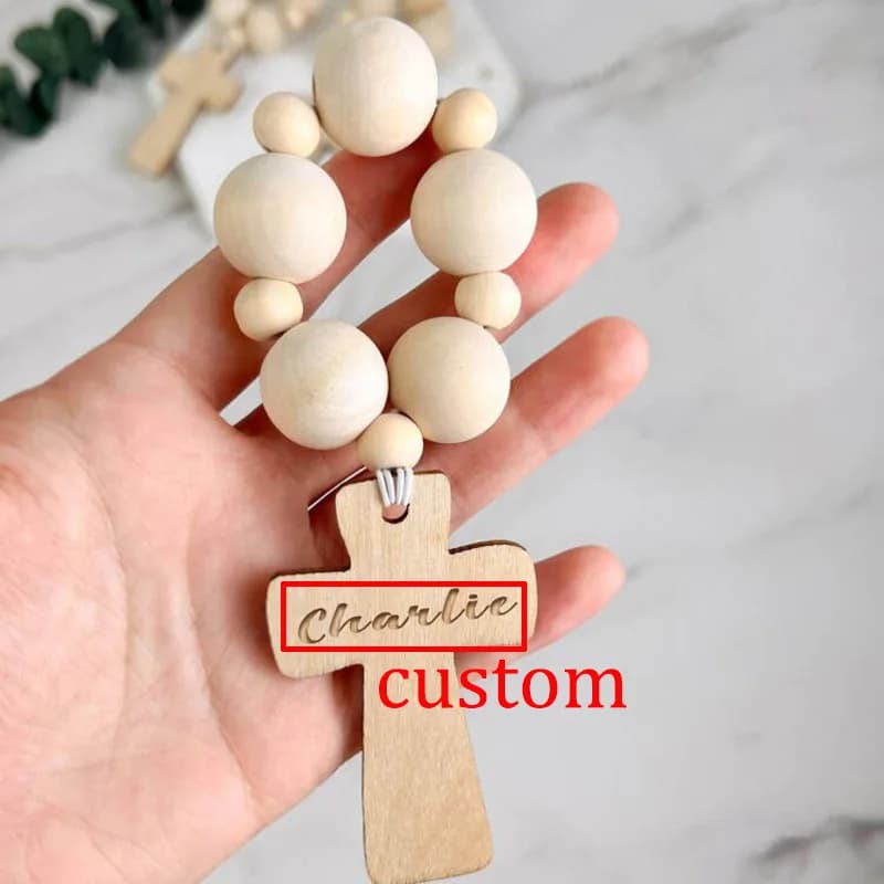 Chapelet croisé en bois avec nom personnalisé pour garçon et fille, 1ère première communion, baptême