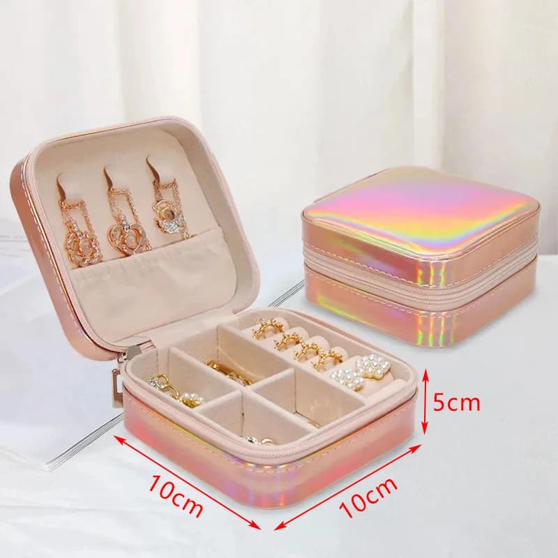 Boîte à bijoux portable en cuir PU brillant pour femmes, pour ranger colliers, boucles d'oreilles, c