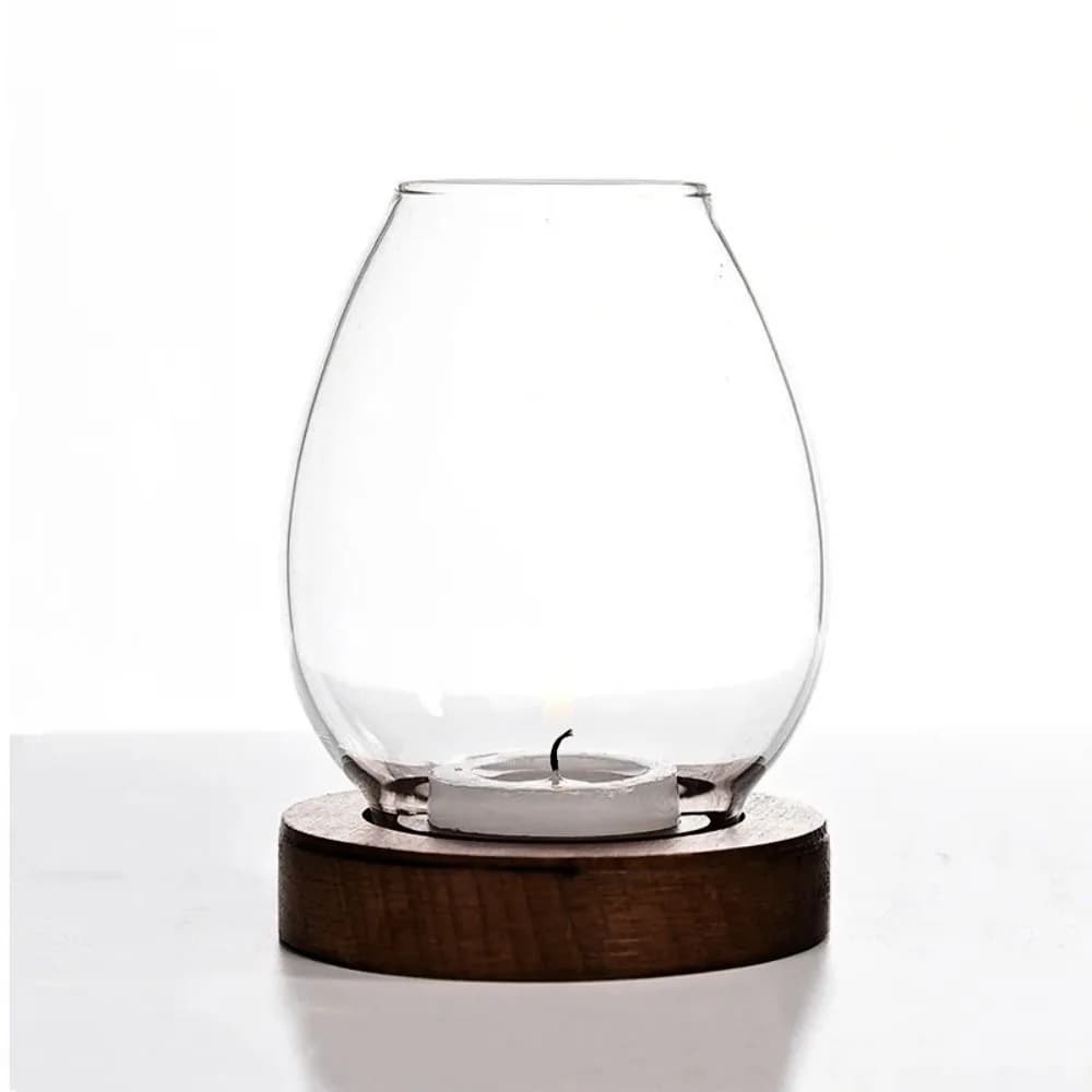 Bougeoirs en verre avec couvercle en forme de tasse, ronds, avec base en bois, bougeoirs transparent